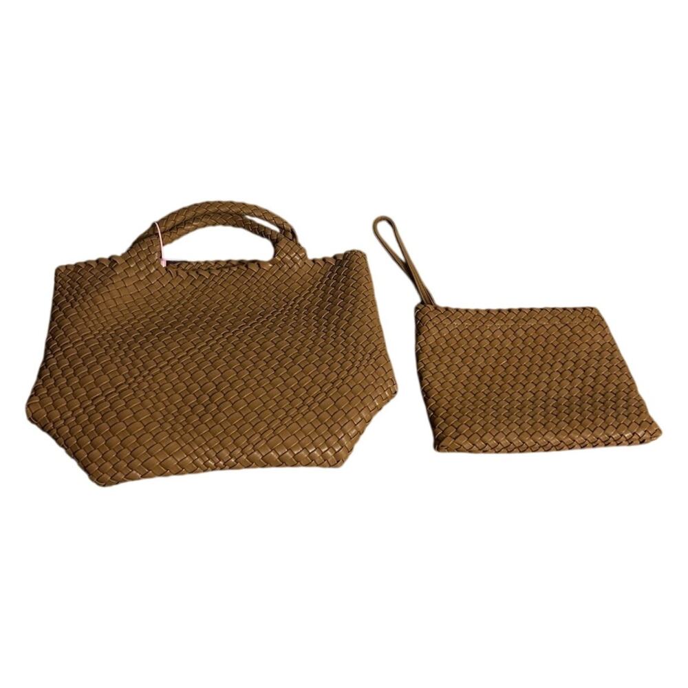 JINMANXUE Womens Brown Woven Vegan Leather Tote Bag Handbag Pouch Set NWT
